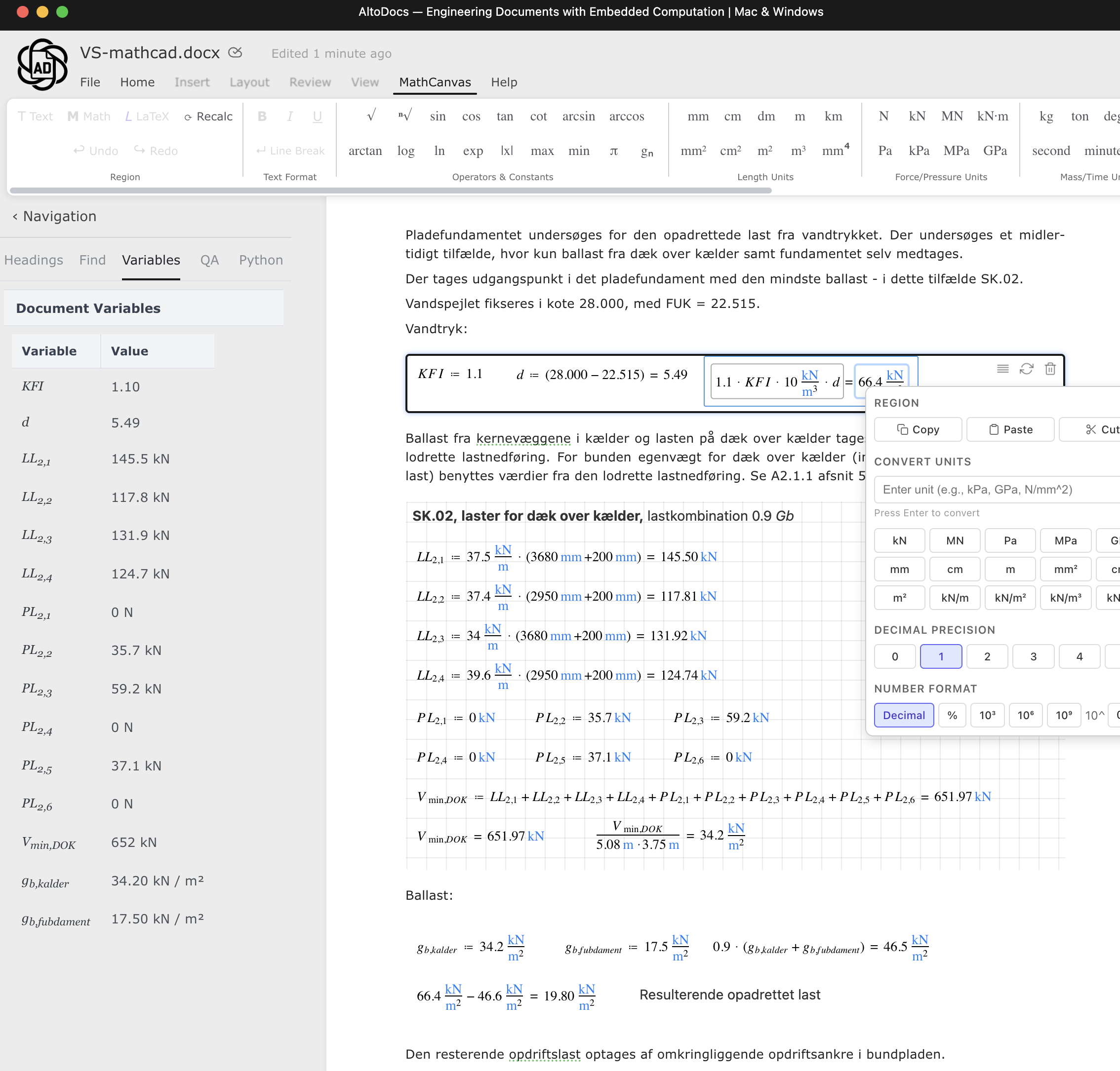 Engineering calculation document in AltoDocs with live embedded computation
